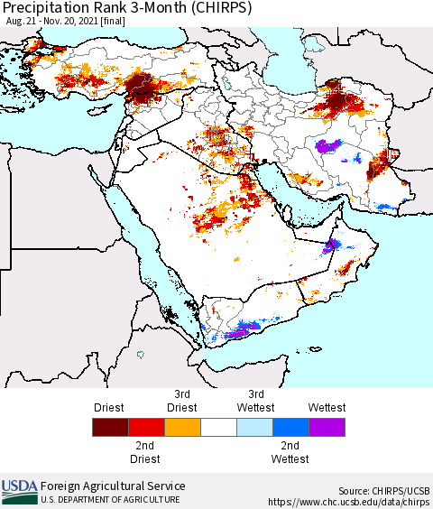 Middle East and Turkey Precipitation Rank since 1981, 3-Month (CHIRPS) Thematic Map For 8/21/2021 - 11/20/2021