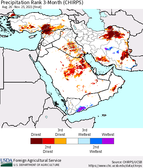 Middle East and Turkey Precipitation Rank since 1981, 3-Month (CHIRPS) Thematic Map For 8/26/2021 - 11/25/2021