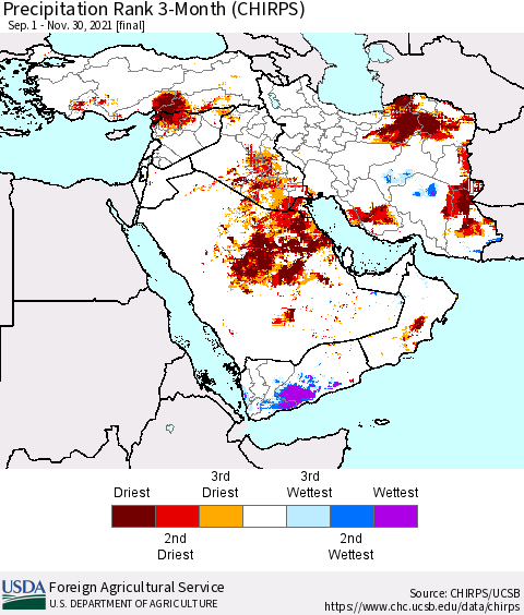 Middle East and Turkey Precipitation Rank since 1981, 3-Month (CHIRPS) Thematic Map For 9/1/2021 - 11/30/2021