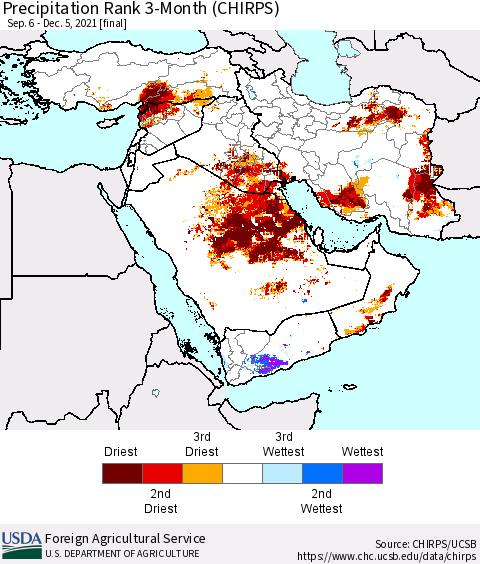 Middle East and Turkey Precipitation Rank since 1981, 3-Month (CHIRPS) Thematic Map For 9/6/2021 - 12/5/2021