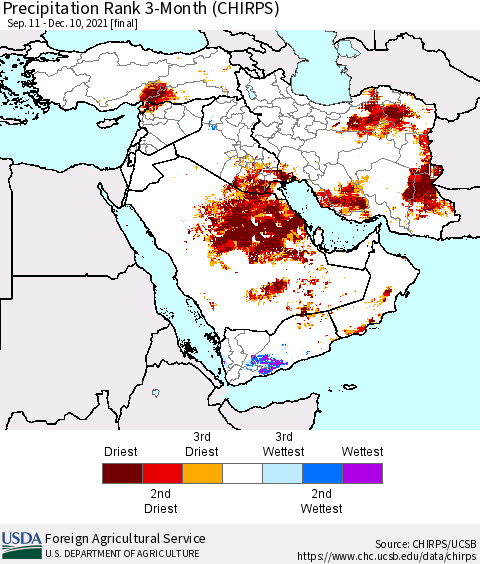 Middle East and Turkey Precipitation Rank since 1981, 3-Month (CHIRPS) Thematic Map For 9/11/2021 - 12/10/2021