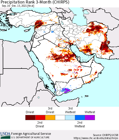 Middle East and Turkey Precipitation Rank since 1981, 3-Month (CHIRPS) Thematic Map For 9/16/2021 - 12/15/2021
