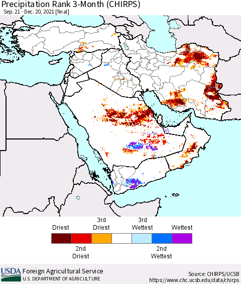 Middle East and Turkey Precipitation Rank since 1981, 3-Month (CHIRPS) Thematic Map For 9/21/2021 - 12/20/2021