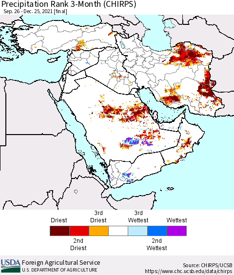 Middle East and Turkey Precipitation Rank since 1981, 3-Month (CHIRPS) Thematic Map For 9/26/2021 - 12/25/2021