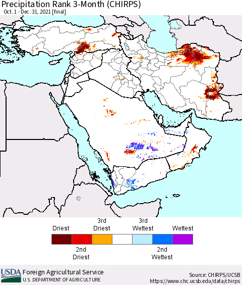 Middle East and Turkey Precipitation Rank since 1981, 3-Month (CHIRPS) Thematic Map For 10/1/2021 - 12/31/2021