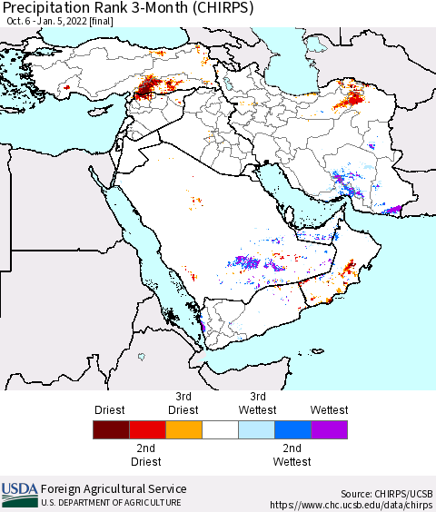 Middle East and Turkey Precipitation Rank since 1981, 3-Month (CHIRPS) Thematic Map For 10/6/2021 - 1/5/2022