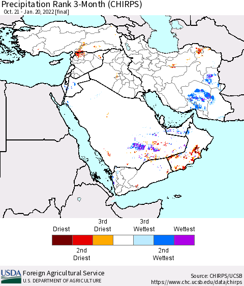 Middle East and Turkey Precipitation Rank since 1981, 3-Month (CHIRPS) Thematic Map For 10/21/2021 - 1/20/2022