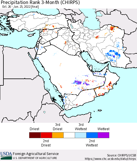 Middle East and Turkey Precipitation Rank since 1981, 3-Month (CHIRPS) Thematic Map For 10/26/2021 - 1/25/2022