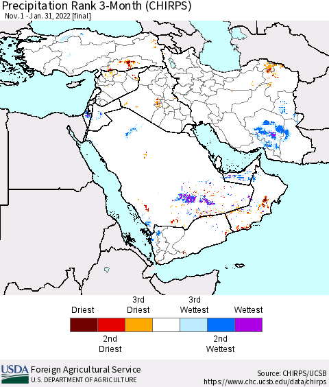 Middle East and Turkey Precipitation Rank since 1981, 3-Month (CHIRPS) Thematic Map For 11/1/2021 - 1/31/2022