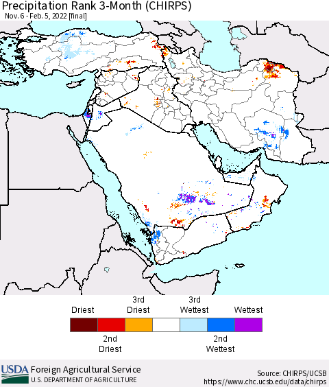 Middle East and Turkey Precipitation Rank since 1981, 3-Month (CHIRPS) Thematic Map For 11/6/2021 - 2/5/2022