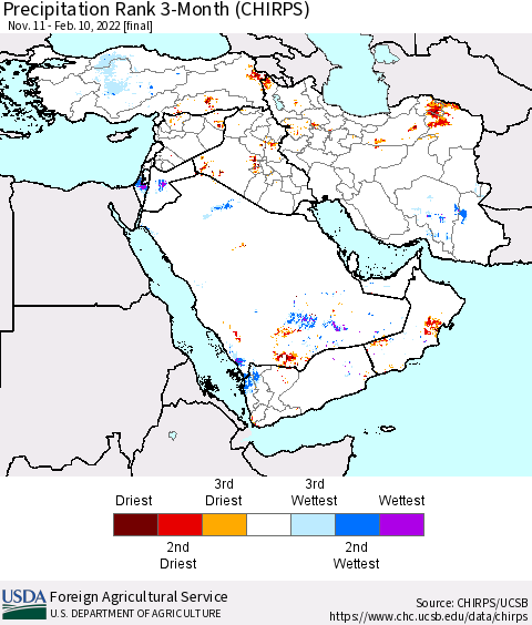 Middle East and Turkey Precipitation Rank since 1981, 3-Month (CHIRPS) Thematic Map For 11/11/2021 - 2/10/2022