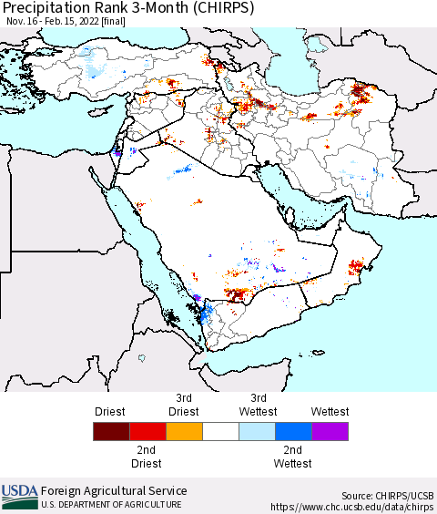 Middle East and Turkey Precipitation Rank since 1981, 3-Month (CHIRPS) Thematic Map For 11/16/2021 - 2/15/2022