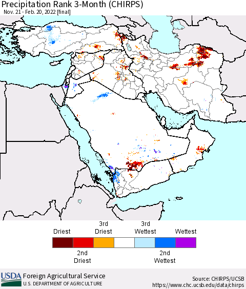 Middle East and Turkey Precipitation Rank since 1981, 3-Month (CHIRPS) Thematic Map For 11/21/2021 - 2/20/2022
