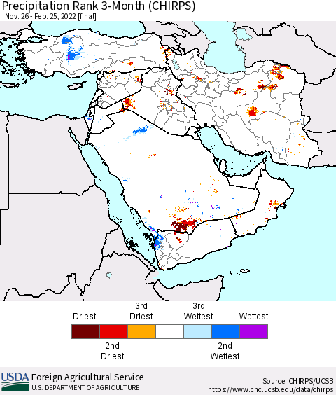 Middle East and Turkey Precipitation Rank since 1981, 3-Month (CHIRPS) Thematic Map For 11/26/2021 - 2/25/2022