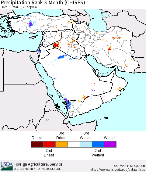 Middle East and Turkey Precipitation Rank since 1981, 3-Month (CHIRPS) Thematic Map For 12/6/2021 - 3/5/2022
