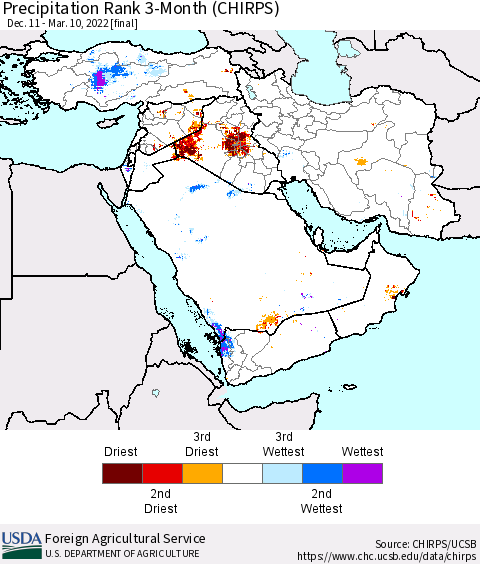 Middle East and Turkey Precipitation Rank since 1981, 3-Month (CHIRPS) Thematic Map For 12/11/2021 - 3/10/2022