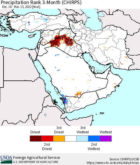 Middle East and Turkey Precipitation Rank since 1981, 3-Month (CHIRPS) Thematic Map For 12/16/2021 - 3/15/2022
