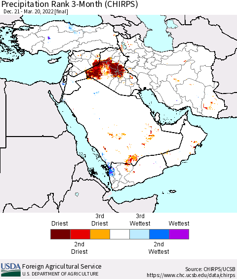 Middle East and Turkey Precipitation Rank since 1981, 3-Month (CHIRPS) Thematic Map For 12/21/2021 - 3/20/2022