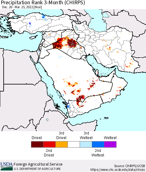 Middle East and Turkey Precipitation Rank since 1981, 3-Month (CHIRPS) Thematic Map For 12/26/2021 - 3/25/2022