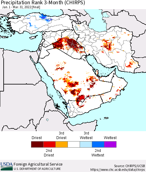 Middle East and Turkey Precipitation Rank since 1981, 3-Month (CHIRPS) Thematic Map For 1/1/2022 - 3/31/2022