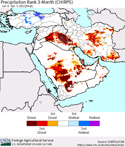 Middle East and Turkey Precipitation Rank since 1981, 3-Month (CHIRPS) Thematic Map For 1/6/2022 - 4/5/2022