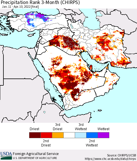 Middle East and Turkey Precipitation Rank since 1981, 3-Month (CHIRPS) Thematic Map For 1/11/2022 - 4/10/2022