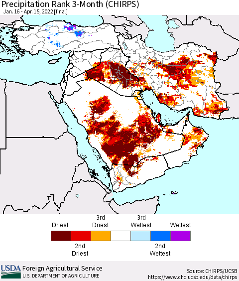 Middle East and Turkey Precipitation Rank since 1981, 3-Month (CHIRPS) Thematic Map For 1/16/2022 - 4/15/2022