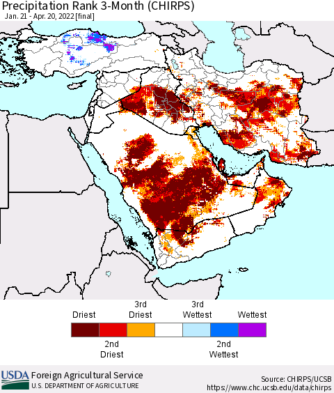 Middle East and Turkey Precipitation Rank since 1981, 3-Month (CHIRPS) Thematic Map For 1/21/2022 - 4/20/2022
