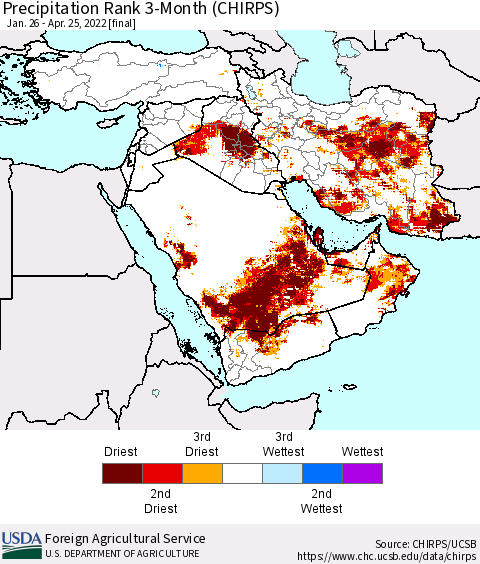 Middle East and Turkey Precipitation Rank since 1981, 3-Month (CHIRPS) Thematic Map For 1/26/2022 - 4/25/2022