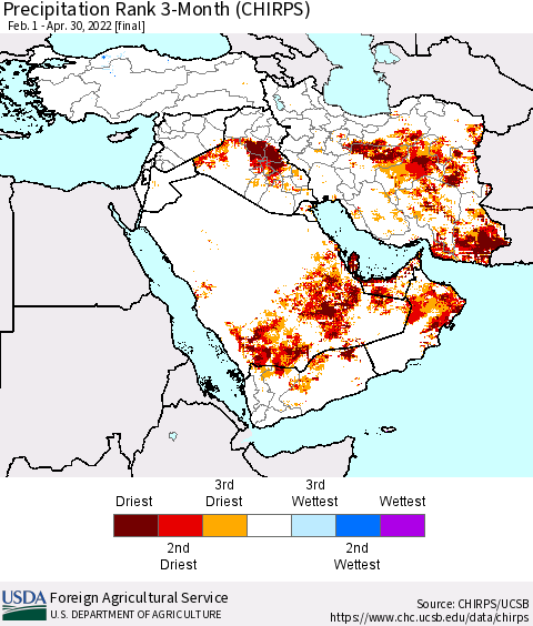 Middle East and Turkey Precipitation Rank since 1981, 3-Month (CHIRPS) Thematic Map For 2/1/2022 - 4/30/2022