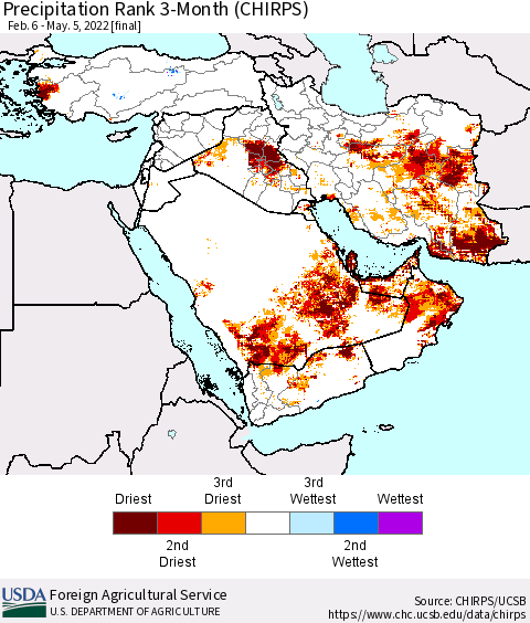 Middle East and Turkey Precipitation Rank since 1981, 3-Month (CHIRPS) Thematic Map For 2/6/2022 - 5/5/2022