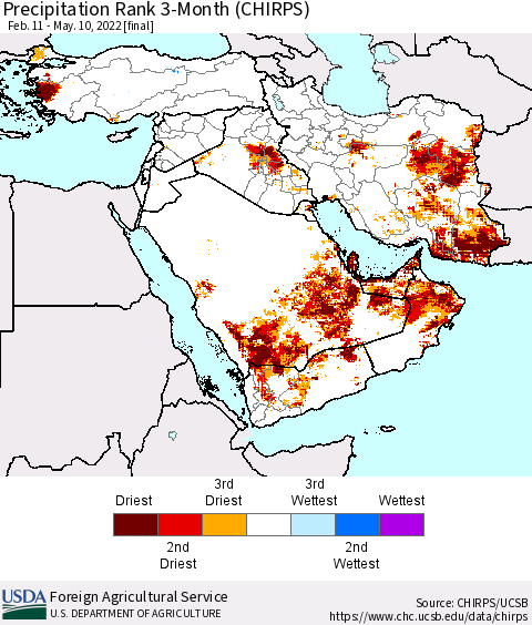 Middle East and Turkey Precipitation Rank since 1981, 3-Month (CHIRPS) Thematic Map For 2/11/2022 - 5/10/2022