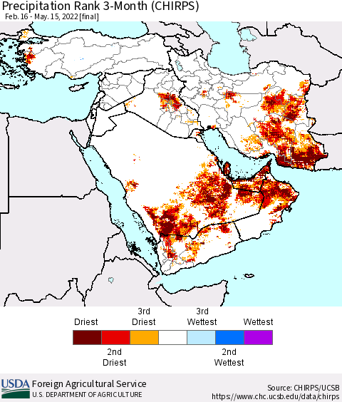 Middle East and Turkey Precipitation Rank since 1981, 3-Month (CHIRPS) Thematic Map For 2/16/2022 - 5/15/2022