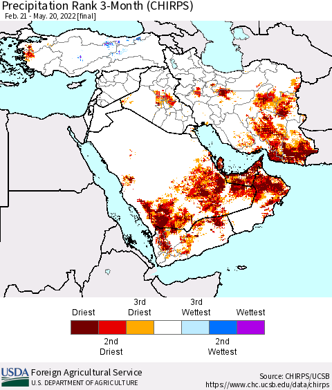Middle East and Turkey Precipitation Rank since 1981, 3-Month (CHIRPS) Thematic Map For 2/21/2022 - 5/20/2022