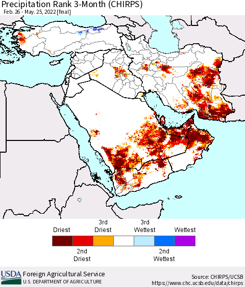 Middle East and Turkey Precipitation Rank since 1981, 3-Month (CHIRPS) Thematic Map For 2/26/2022 - 5/25/2022
