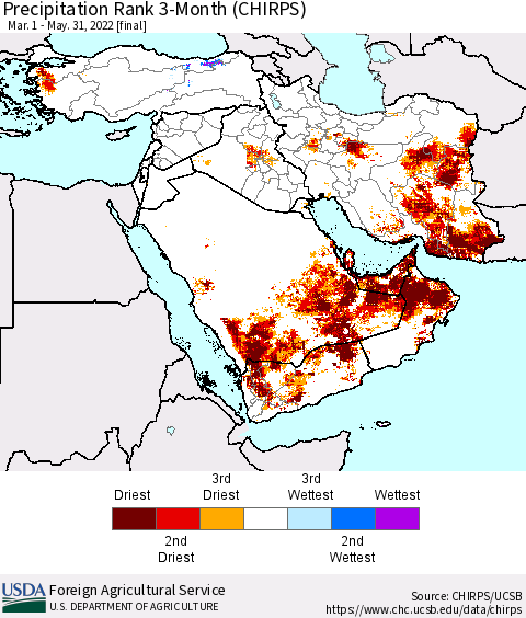 Middle East and Turkey Precipitation Rank since 1981, 3-Month (CHIRPS) Thematic Map For 3/1/2022 - 5/31/2022