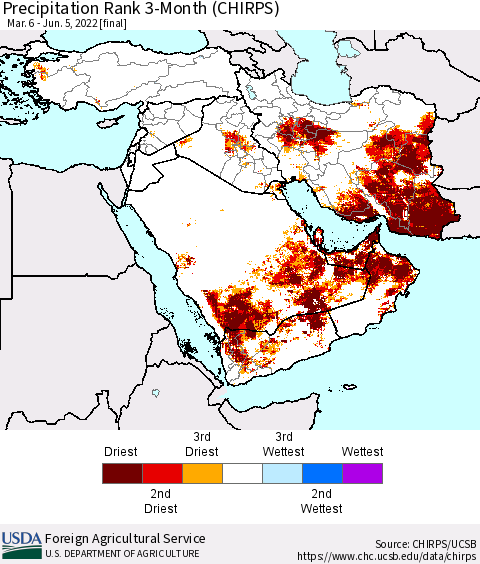 Middle East and Turkey Precipitation Rank since 1981, 3-Month (CHIRPS) Thematic Map For 3/6/2022 - 6/5/2022