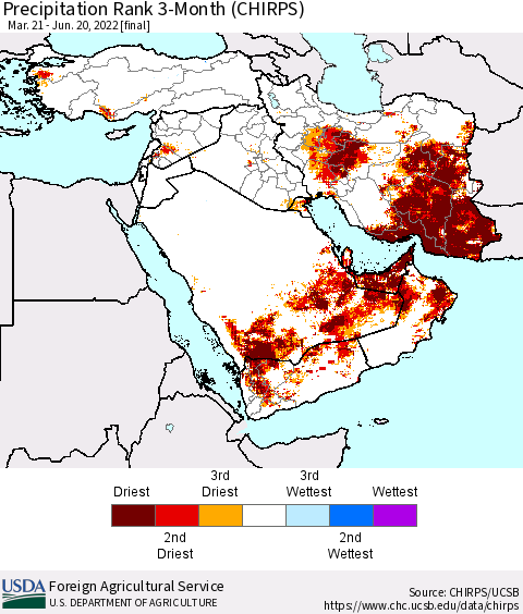 Middle East and Turkey Precipitation Rank since 1981, 3-Month (CHIRPS) Thematic Map For 3/21/2022 - 6/20/2022
