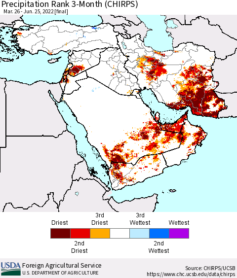 Middle East and Turkey Precipitation Rank since 1981, 3-Month (CHIRPS) Thematic Map For 3/26/2022 - 6/25/2022