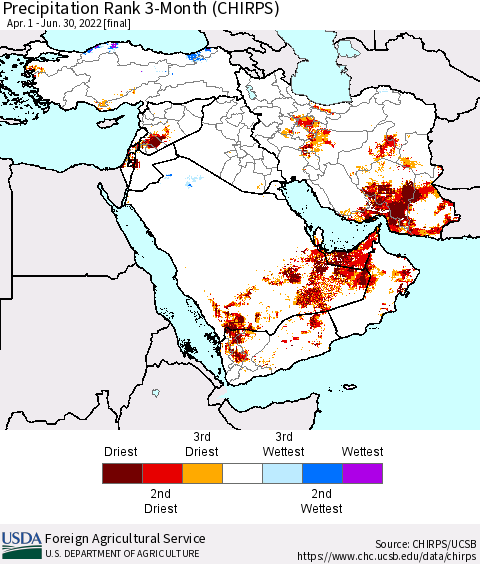 Middle East and Turkey Precipitation Rank since 1981, 3-Month (CHIRPS) Thematic Map For 4/1/2022 - 6/30/2022