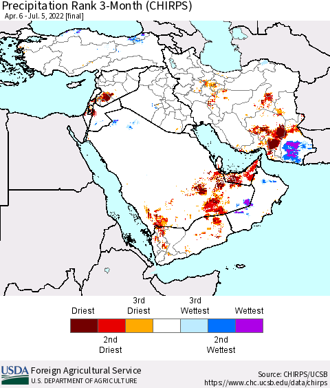 Middle East and Turkey Precipitation Rank since 1981, 3-Month (CHIRPS) Thematic Map For 4/6/2022 - 7/5/2022