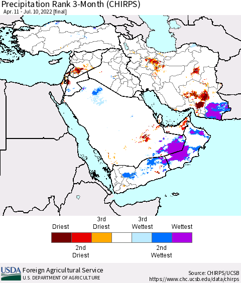 Middle East and Turkey Precipitation Rank since 1981, 3-Month (CHIRPS) Thematic Map For 4/11/2022 - 7/10/2022