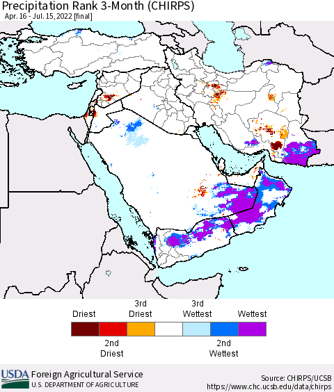 Middle East and Turkey Precipitation Rank since 1981, 3-Month (CHIRPS) Thematic Map For 4/16/2022 - 7/15/2022