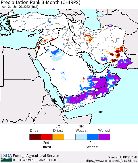 Middle East and Turkey Precipitation Rank since 1981, 3-Month (CHIRPS) Thematic Map For 4/21/2022 - 7/20/2022