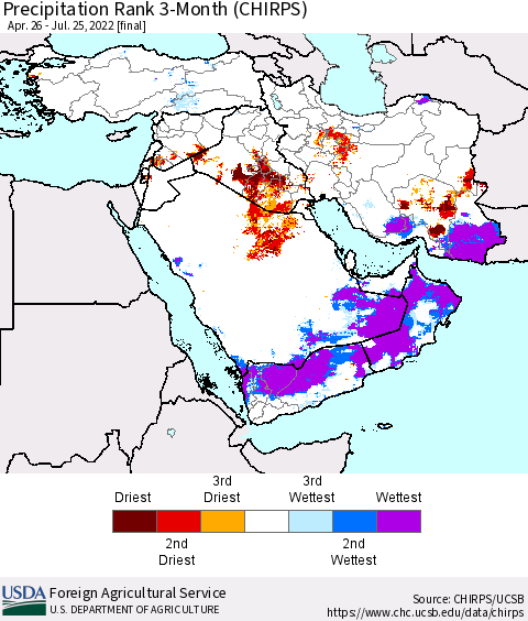 Middle East and Turkey Precipitation Rank since 1981, 3-Month (CHIRPS) Thematic Map For 4/26/2022 - 7/25/2022
