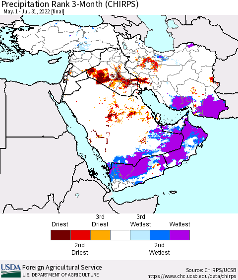 Middle East and Turkey Precipitation Rank since 1981, 3-Month (CHIRPS) Thematic Map For 5/1/2022 - 7/31/2022
