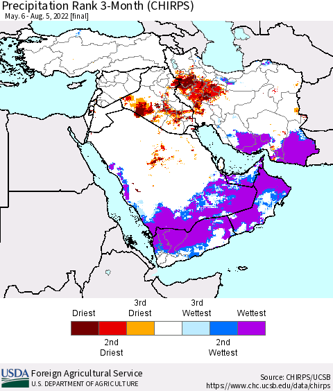 Middle East and Turkey Precipitation Rank since 1981, 3-Month (CHIRPS) Thematic Map For 5/6/2022 - 8/5/2022