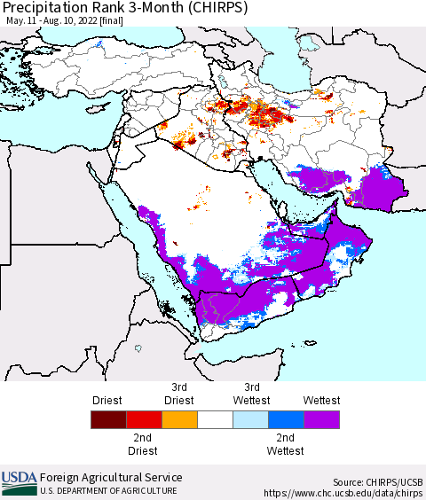 Middle East and Turkey Precipitation Rank since 1981, 3-Month (CHIRPS) Thematic Map For 5/11/2022 - 8/10/2022
