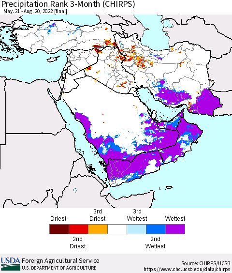 Middle East and Turkey Precipitation Rank since 1981, 3-Month (CHIRPS) Thematic Map For 5/21/2022 - 8/20/2022