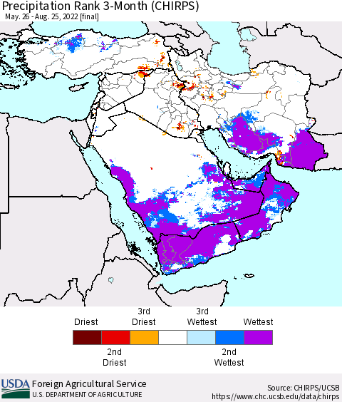 Middle East and Turkey Precipitation Rank since 1981, 3-Month (CHIRPS) Thematic Map For 5/26/2022 - 8/25/2022